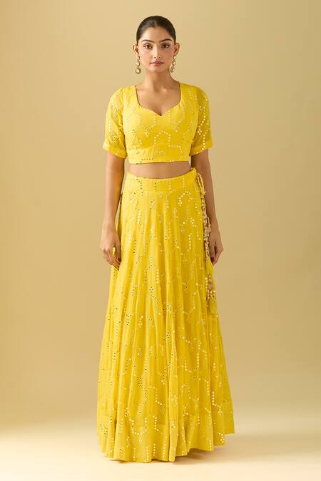 Samyukta Singhania Yellow Georgette Mirrors, Embroidery, Sequins Lehenga Set Online at Aza Fashions Samyukta Singhania_Yellow Georgette Mirrors, Embroidery, Sequins Lehenga Set_Online_at_Aza_Fashions
