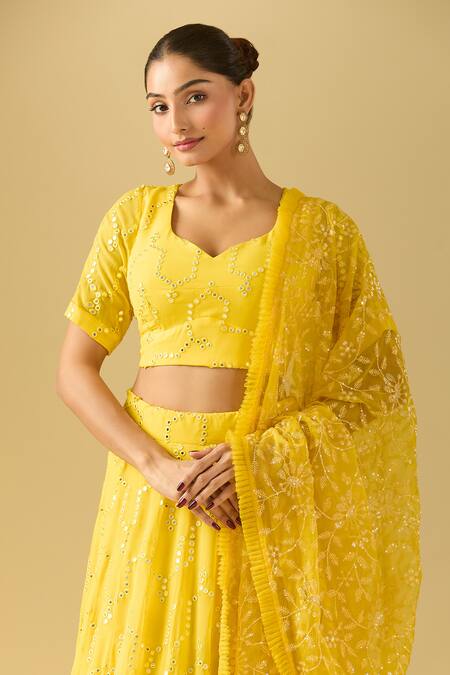 Shop Samyukta Singhania Yellow Georgette Mirrors, Embroidery, Sequins Lehenga Set Online at Aza Fashions Shop_Samyukta Singhania_Yellow Georgette Mirrors, Embroidery, Sequins Lehenga Set_Online_at_Aza_Fashions