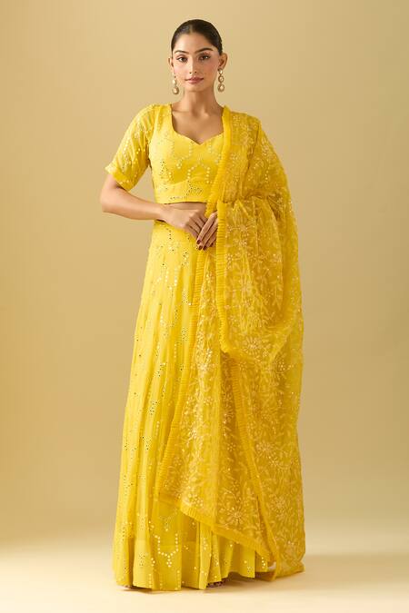 Samyukta Singhania Yellow Georgette Mirrors, Embroidery, Sequins Lehenga Set at Aza Fashions Samyukta Singhania_Yellow Georgette Mirrors, Embroidery, Sequins Lehenga Set_at_Aza_Fashions