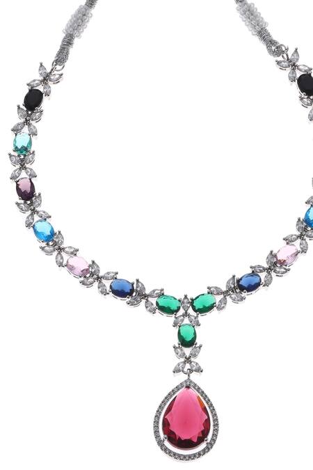 Buy_Minaki_Multi Color Crystals Multicolor Cubic Zirconia Pendant Set_Online_at_Aza_Fashions