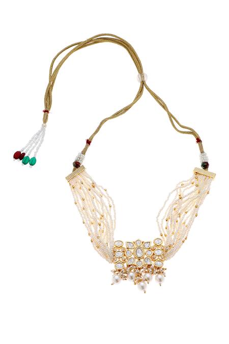 Buy_Minaki_White Pearls, Stones Kundan Choker And Earring Set _Online_at_Aza_Fashions
