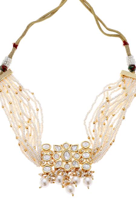Shop_Minaki_White Pearls, Stones Kundan Choker And Earring Set _Online_at_Aza_Fashions