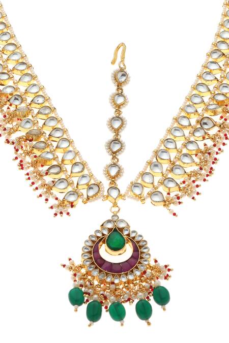 Minaki_Green Emerald And Ruby Kundan Mathapatti _Online_at_Aza_Fashions