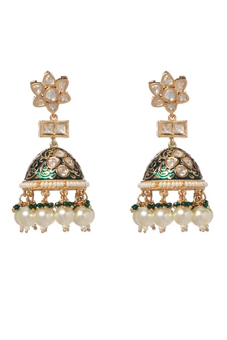 Minaki Kundan Meenakari Jhumkas with Pearl Drops 