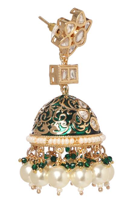 Minaki_Green Pearls, Stones, Metallic Thread, Zari Kundan Meenakari Jhumkas With Drops _Online_at_Aza_Fashions