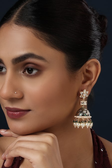 MINAKI Kundan Meenakari Jhumkas with Pearl Drops 