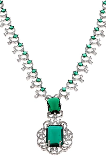 Shop_Minaki_Green Crystals, Cut Work Cubic Zirconia Scalloped Necklace Set_Online_at_Aza_Fashions