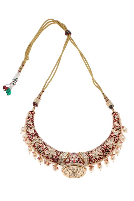 Minaki Red Pearls, Stones, Metallic Thread Kundan Meenakari Choker And Earring Set Online at Aza Fashions Minaki_Red Pearls, Stones, Metallic Thread Kundan Meenakari Choker And Earring Set _Online_at_Aza_Fashions