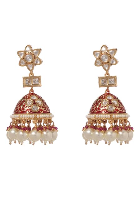 Buy_Minaki_Red Pearls, Stones, Metallic Thread Kundan Meenakari Choker And Earring Set _Online_at_Aza_Fashions