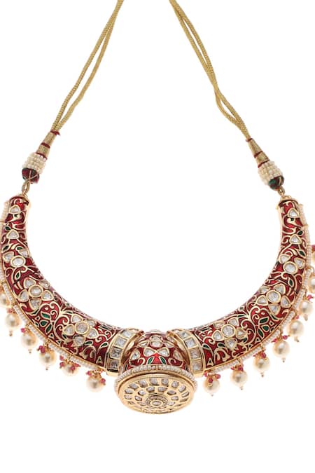 Shop Minaki Red Pearls, Stones, Metallic Thread Kundan Meenakari Choker And Earring Set Online at Aza Fashions Shop_Minaki_Red Pearls, Stones, Metallic Thread Kundan Meenakari Choker And Earring Set _Online_at_Aza_Fashions