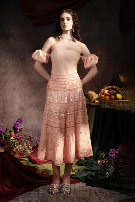 TheRealB Peach Sequin Embroidered A-Line Skirt 