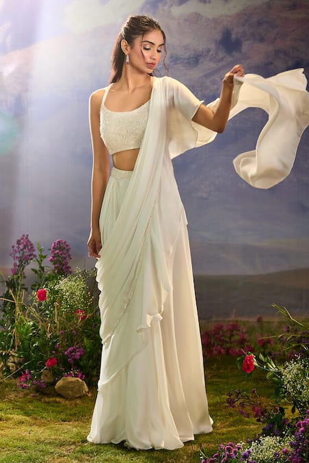 Ariyana By Aza White Pre-Draped Ruffle Saree Set 