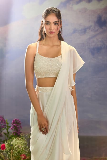 Buy_Aariyana Couture_White Chiffon, Satin Cut Work, Sequins, Beads Scoop Pre-draped Ruffle Saree Set _Online_at_Aza_Fashions