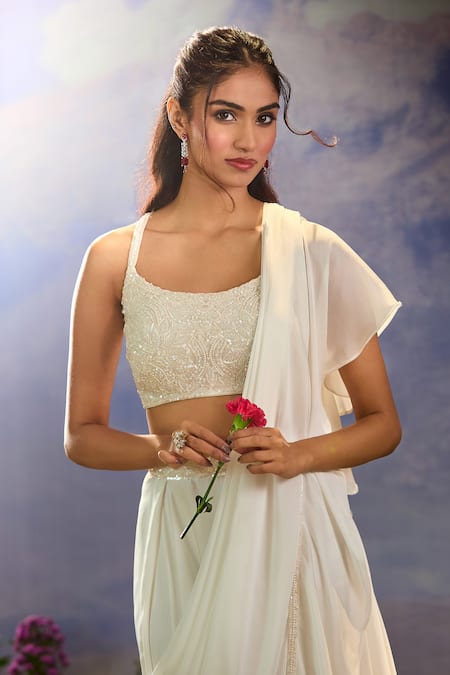 Shop_Aariyana Couture_White Chiffon, Satin Cut Work, Sequins, Beads Scoop Pre-draped Ruffle Saree Set _Online_at_Aza_Fashions