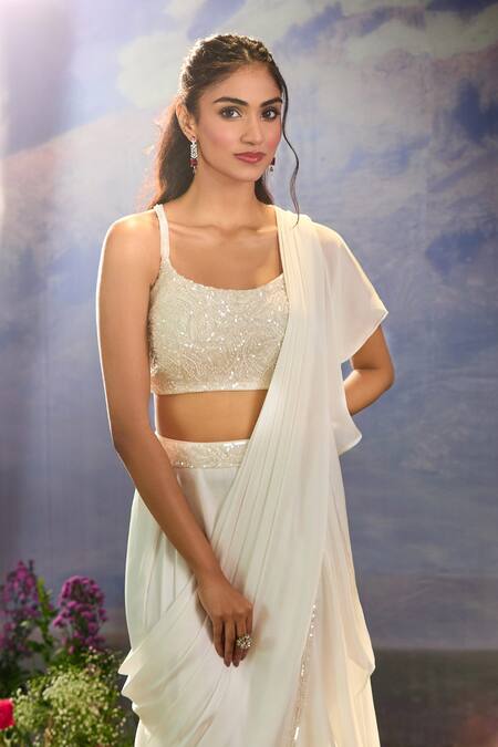Aariyana Couture_White Chiffon, Satin Cut Work, Sequins, Beads Scoop Pre-draped Ruffle Saree Set _at_Aza_Fashions