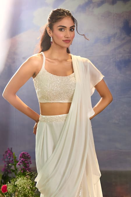 Buy_Aariyana Couture_White Chiffon, Satin Cut Work, Sequins, Beads Scoop Pre-draped Ruffle Saree Set 