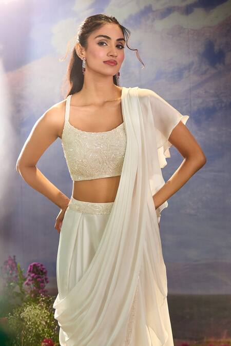 Shop_Aariyana Couture_White Chiffon, Satin Cut Work, Sequins, Beads Scoop Pre-draped Ruffle Saree Set 