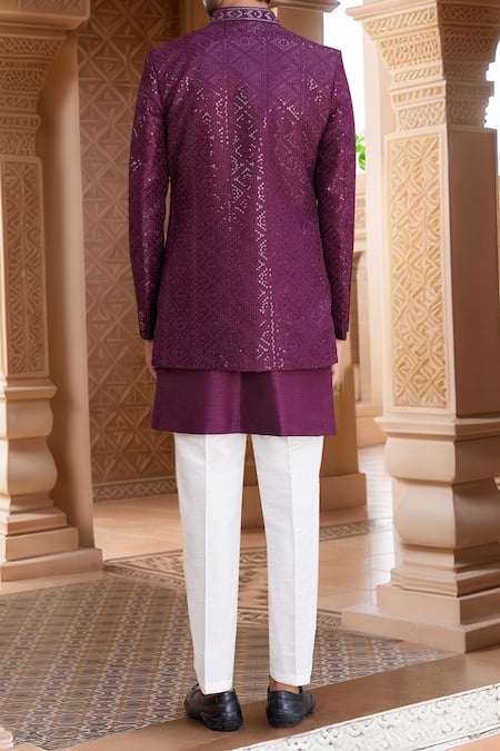 Shop Arihant Rai Sinha Wine Silk Cut Work, Sequins, Beads Embroidered Jacket Sherwani Set at Aza Fashions Shop_Arihant Rai Sinha_Wine Silk Cut Work, Sequins, Beads Embroidered Jacket Sherwani Set _at_Aza_Fashions