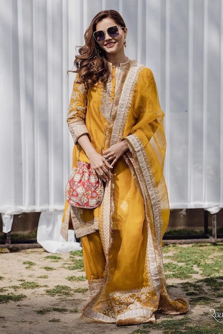 Sheetal Batra_Yellow Dupatta  Organza, Kurta  Pure Chanderi, Embroidered Set _at_Aza_Fashions