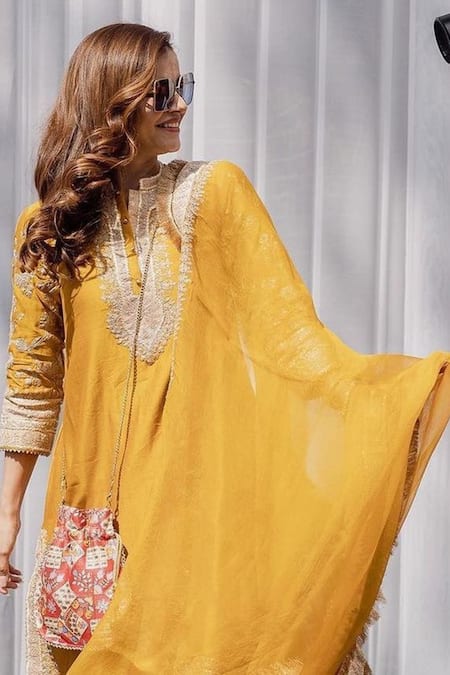 Buy_Sheetal Batra_Yellow Dupatta  Organza, Kurta  Pure Chanderi, Embroidered Set 