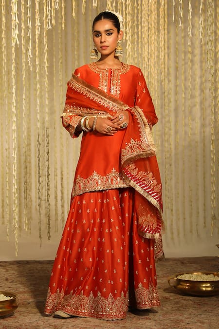 Sheetal Batra_Orange , Chanderi, Organza Mishika Paisley Butti Kurta Sharara Set _at_Aza_Fashions