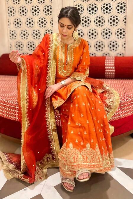 Buy_Sheetal Batra_Orange , Chanderi, Organza Mishika Paisley Butti Kurta Sharara Set 