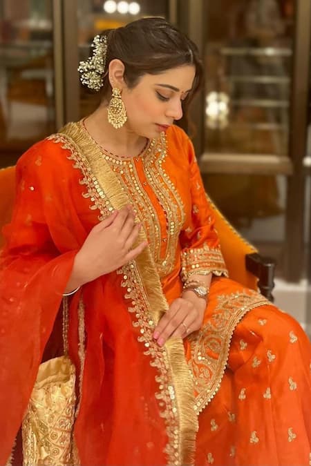 Shop_Sheetal Batra_Orange , Chanderi, Organza Mishika Paisley Butti Kurta Sharara Set 