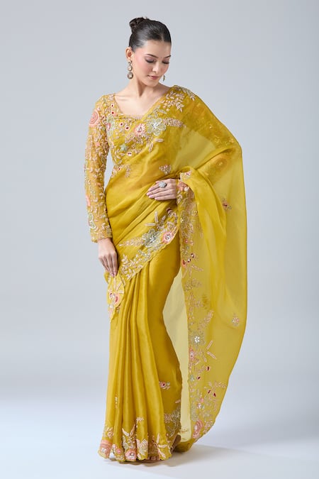 Azeera_Yellow Georgette, Chiffon, Silk Cut Work, Floral Embroidered Saree With Blouse _Online_at_Aza_Fashions