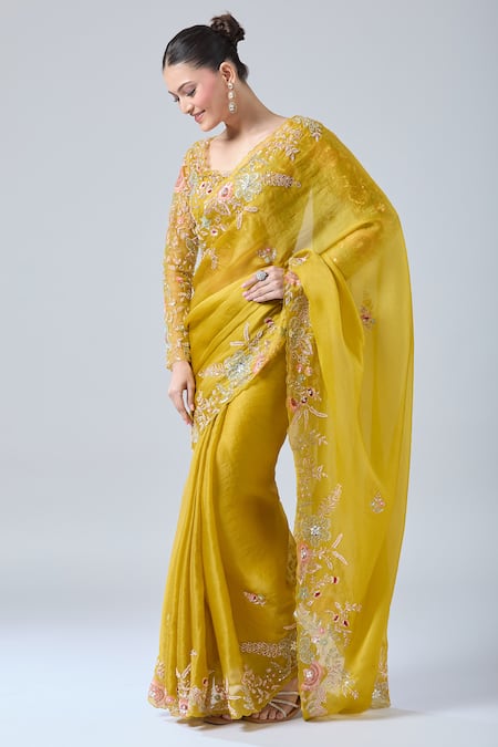 Buy_Azeera_Yellow Georgette, Chiffon, Silk Cut Work, Floral Embroidered Saree With Blouse _Online_at_Aza_Fashions