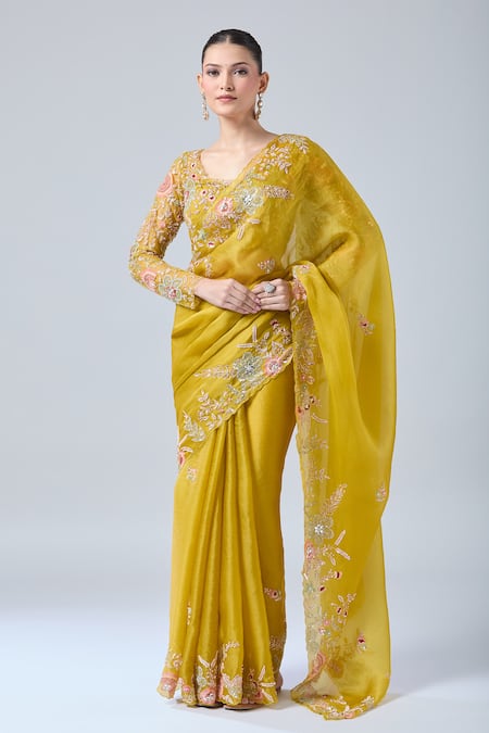 Shop_Azeera_Yellow Georgette, Chiffon, Silk Cut Work, Floral Embroidered Saree With Blouse _Online_at_Aza_Fashions