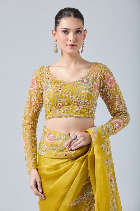 Azeera_Yellow Georgette, Chiffon, Silk Cut Work, Floral Embroidered Saree With Blouse _at_Aza_Fashions