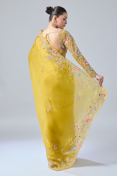 Shop_Azeera_Yellow Georgette, Chiffon, Silk Cut Work, Floral Embroidered Saree With Blouse _at_Aza_Fashions