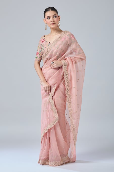 Azeera Peach Chiffon, Georgette Beads, Cut Work, Embroidery, Scallop Hem Saree And Blouse Online at Aza Fashions Azeera_Peach Chiffon, Georgette Beads, Cut Work, Embroidery, Scallop Hem Saree And Blouse _Online_at_Aza_Fashions