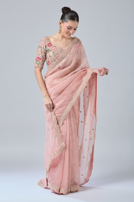 Buy Azeera Peach Chiffon, Georgette Beads, Cut Work, Embroidery, Scallop Hem Saree And Blouse Online at Aza Fashions Buy_Azeera_Peach Chiffon, Georgette Beads, Cut Work, Embroidery, Scallop Hem Saree And Blouse _Online_at_Aza_Fashions