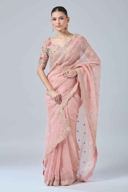 Shop Azeera Peach Chiffon, Georgette Beads, Cut Work, Embroidery, Scallop Hem Saree And Blouse Online at Aza Fashions Shop_Azeera_Peach Chiffon, Georgette Beads, Cut Work, Embroidery, Scallop Hem Saree And Blouse _Online_at_Aza_Fashions