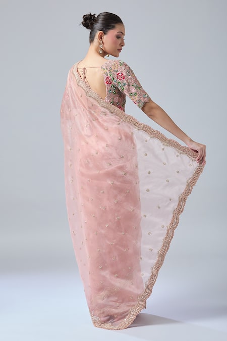 Azeera Peach Chiffon, Georgette Beads, Cut Work, Embroidery, Scallop Hem Saree And Blouse at Aza Fashions Azeera_Peach Chiffon, Georgette Beads, Cut Work, Embroidery, Scallop Hem Saree And Blouse _at_Aza_Fashions