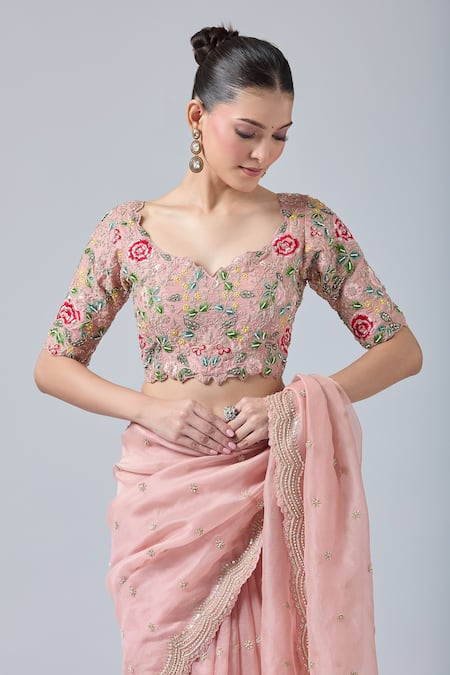 Shop Azeera Peach Chiffon, Georgette Beads, Cut Work, Embroidery, Scallop Hem Saree And Blouse Shop_Azeera_Peach Chiffon, Georgette Beads, Cut Work, Embroidery, Scallop Hem Saree And Blouse
