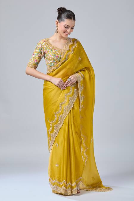 Azeera Yellow Cotton Cut Work, Embroidery, Sequins, Floral Scallop Hem Saree And Blouse Online at Aza Fashions Azeera_Yellow Cotton Cut Work, Embroidery, Sequins, Floral Scallop Hem Saree And Blouse_Online_at_Aza_Fashions