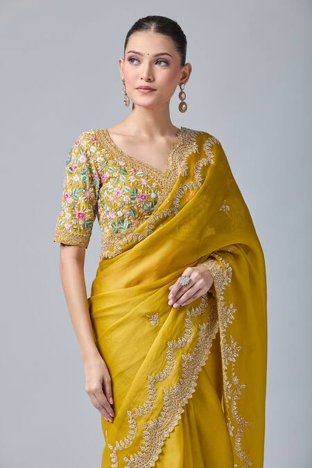 Buy Azeera Yellow Cotton Cut Work, Embroidery, Sequins, Floral Scallop Hem Saree And Blouse Online at Aza Fashions Buy_Azeera_Yellow Cotton Cut Work, Embroidery, Sequins, Floral Scallop Hem Saree And Blouse_Online_at_Aza_Fashions