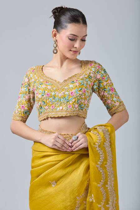 Shop Azeera Yellow Cotton Cut Work, Embroidery, Sequins, Floral Scallop Hem Saree And Blouse Online at Aza Fashions Shop_Azeera_Yellow Cotton Cut Work, Embroidery, Sequins, Floral Scallop Hem Saree And Blouse_Online_at_Aza_Fashions