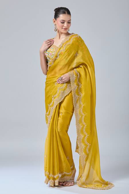 Azeera Yellow Cotton Cut Work, Embroidery, Sequins, Floral Scallop Hem Saree And Blouse at Aza Fashions Azeera_Yellow Cotton Cut Work, Embroidery, Sequins, Floral Scallop Hem Saree And Blouse_at_Aza_Fashions