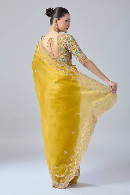 Shop Azeera Yellow Cotton Cut Work, Embroidery, Sequins, Floral Scallop Hem Saree And Blouse at Aza Fashions Shop_Azeera_Yellow Cotton Cut Work, Embroidery, Sequins, Floral Scallop Hem Saree And Blouse_at_Aza_Fashions