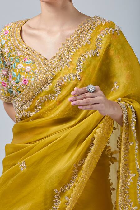 Buy Azeera Yellow Cotton Cut Work, Embroidery, Sequins, Floral Scallop Hem Saree And Blouse Buy_Azeera_Yellow Cotton Cut Work, Embroidery, Sequins, Floral Scallop Hem Saree And Blouse