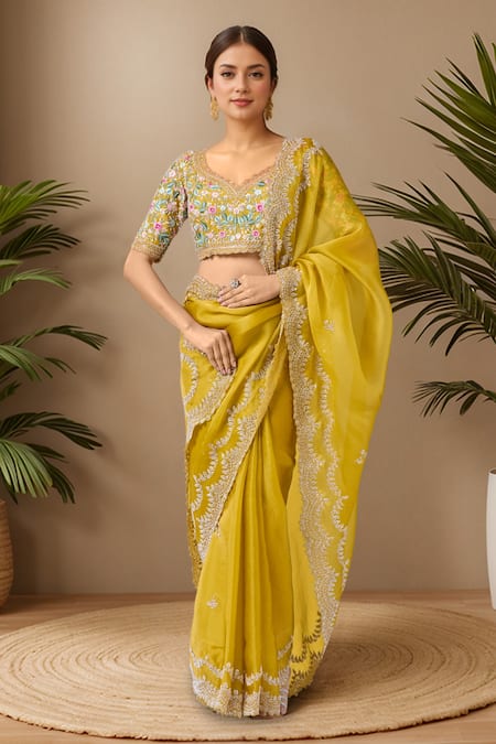 Azeera Floral Embroidered Scallop Hem Saree & Blouse 