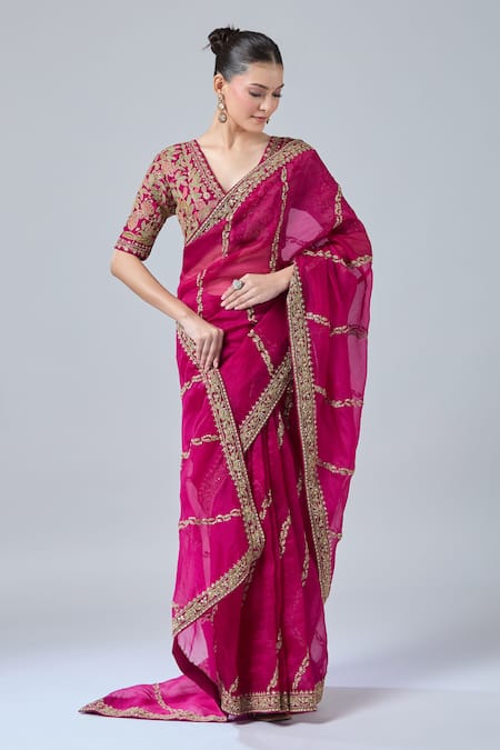 Buy_Azeera_Pink Chiffon, Georgette Diamonds, Embroidery, Dori Saree With Floral Blouse _Online_at_Aza_Fashions