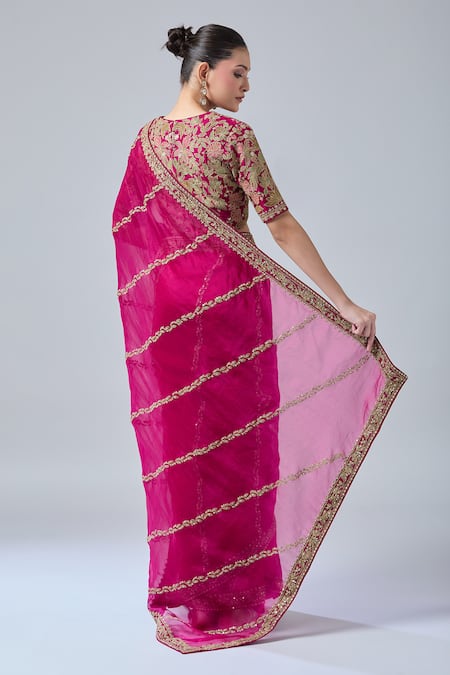 Shop_Azeera_Pink Chiffon, Georgette Diamonds, Embroidery, Dori Saree With Floral Blouse _at_Aza_Fashions