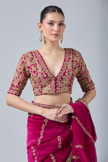 Shop_Azeera_Pink Chiffon, Georgette Diamonds, Embroidery, Dori Saree With Floral Blouse _Online_at_Aza_Fashions