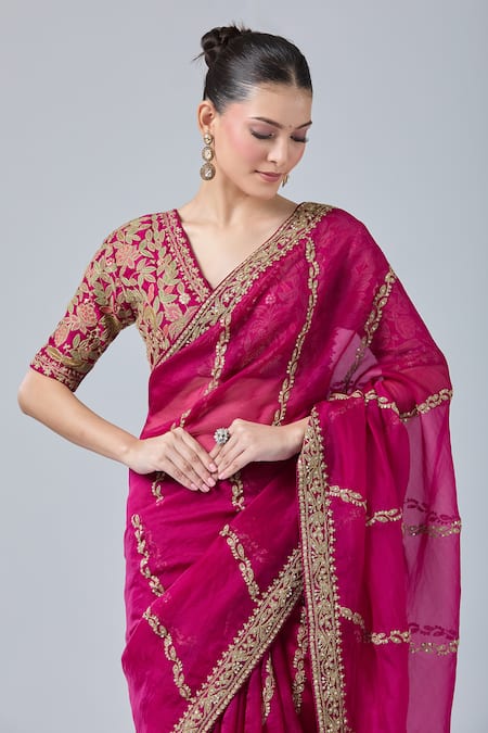 Azeera_Pink Chiffon, Georgette Diamonds, Embroidery, Dori Saree With Floral Blouse _at_Aza_Fashions