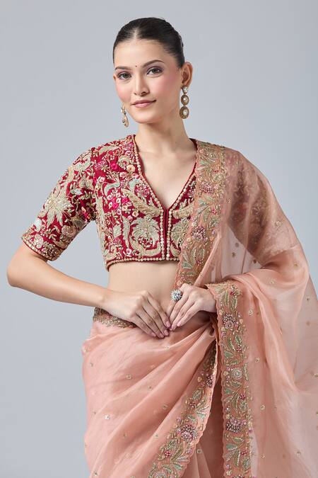 Azeera Red Silk Sequins, Cut Work, Beads V-neck Floral Embroidered Saree With Blouse Online at Aza Fashions Azeera_Red Silk Sequins, Cut Work, Beads V-neck Floral Embroidered Saree With Blouse_Online_at_Aza_Fashions