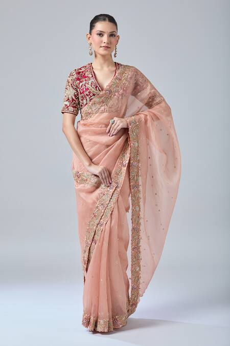 Buy Azeera Red Silk Sequins, Cut Work, Beads V-neck Floral Embroidered Saree With Blouse Online at Aza Fashions Buy_Azeera_Red Silk Sequins, Cut Work, Beads V-neck Floral Embroidered Saree With Blouse_Online_at_Aza_Fashions